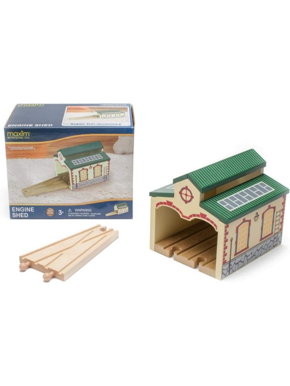 Colorful Wooden Train Engine Shed with 2 Toy Engines & 2-Way Track - Perfect